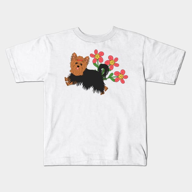 Happy Yorkshire Terrier and Flowers Kids T-Shirt by LulululuPainting